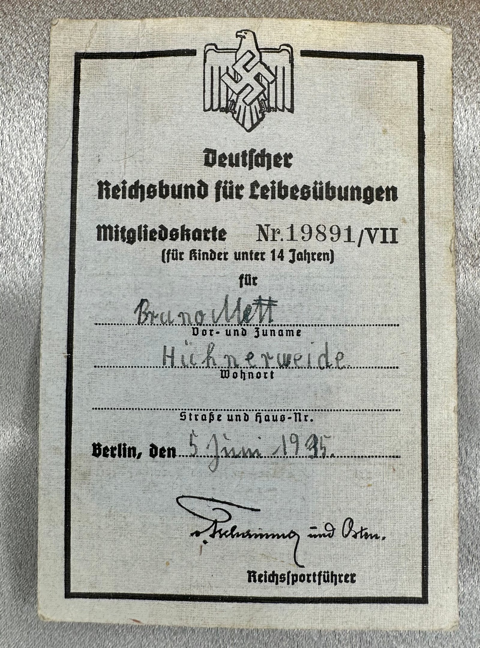 Deutscher Reichsbund für Leibesübungen Mitgliedskarte #17378 