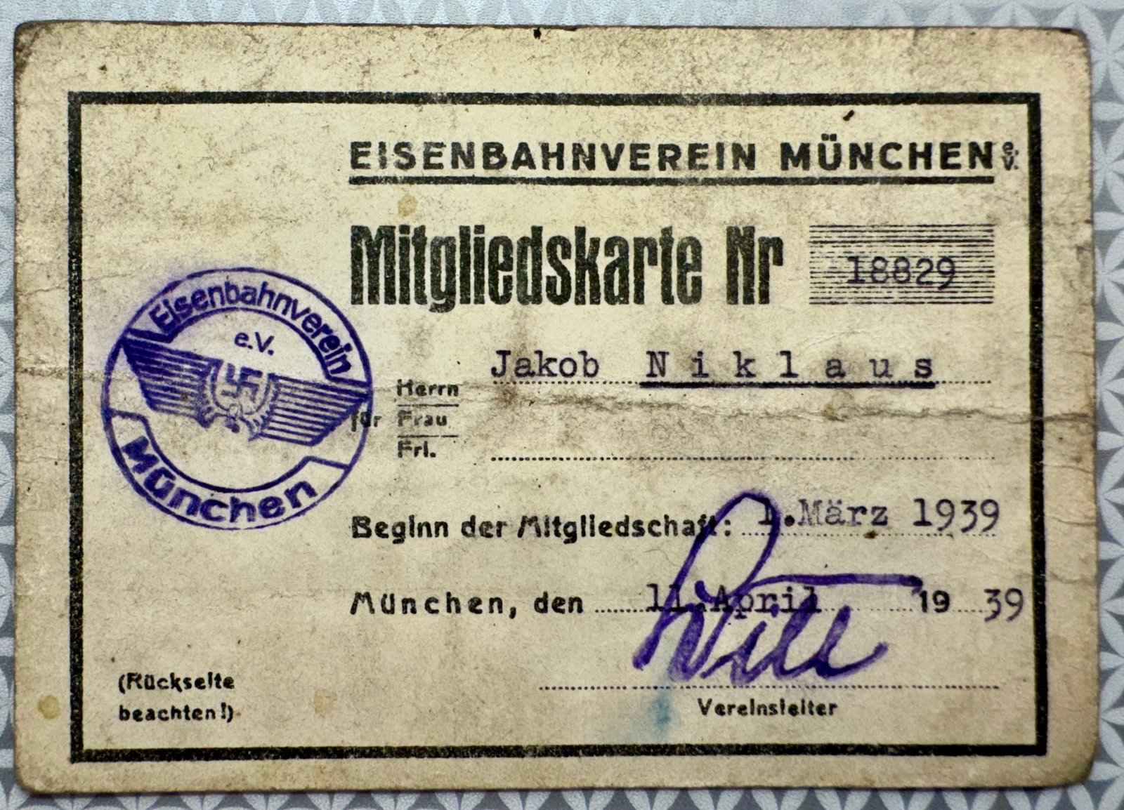 Eisenbahnverein München Mitgliedskarte 1939 #17476 