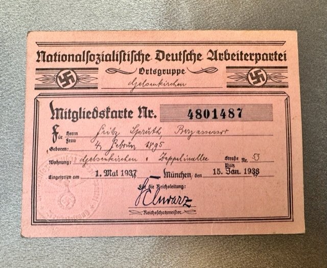 Nationalsozialistische Deutsche Arbeiterpartei Mitgliedskarte #16515 