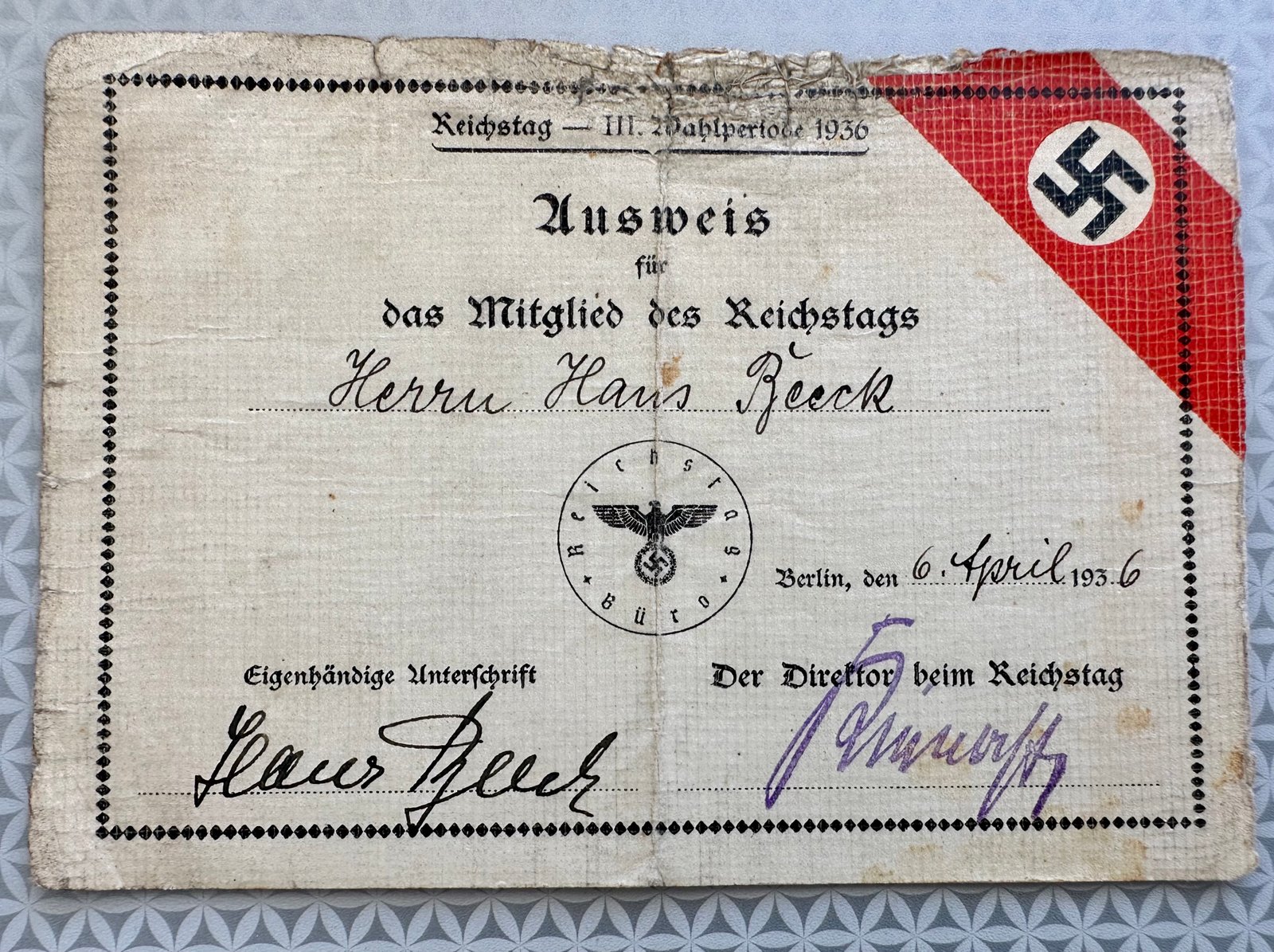 Ausweis für Das Mitglied Des Reichstags #17318 