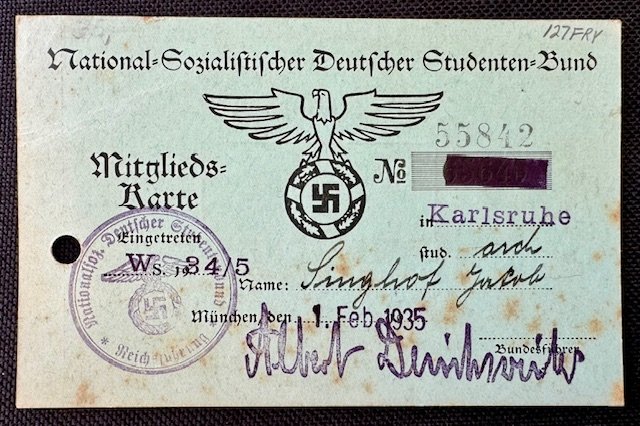 National Sozialistischer Deutscher Studenten Bund Mitgliedskarte #17601 