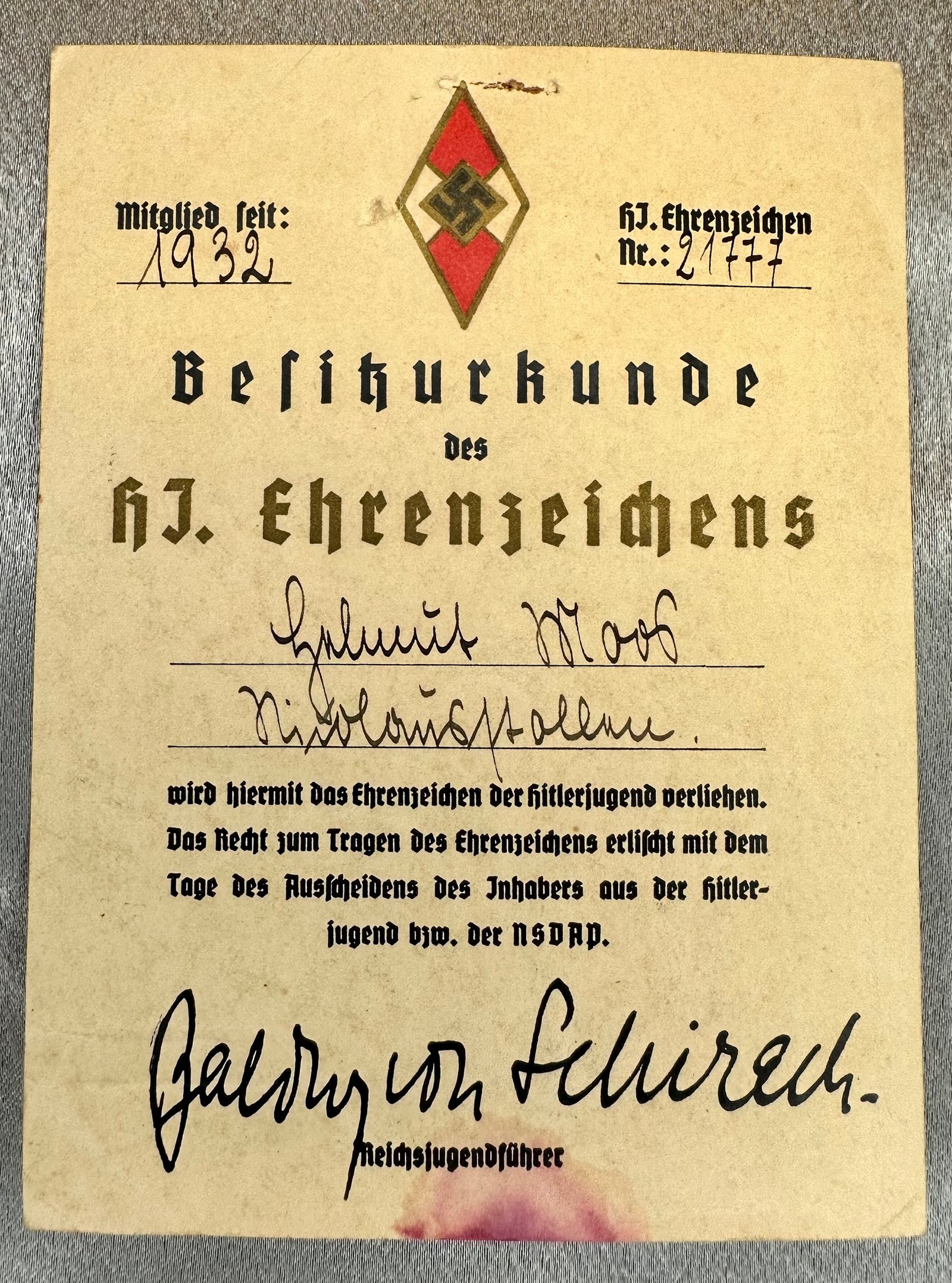 Besiturkunde des HJ Ehrenzeichens #17381 