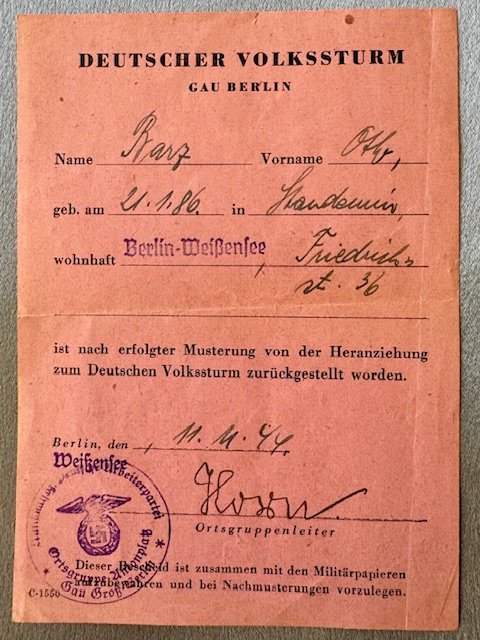 Deutscher Volkssturm Gau Berlin Recruitment ID #18050 