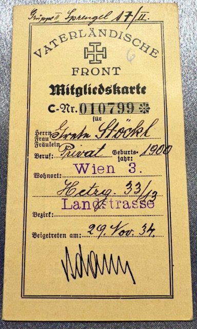 Vaterländische Front Mitgliedskarte #17949 