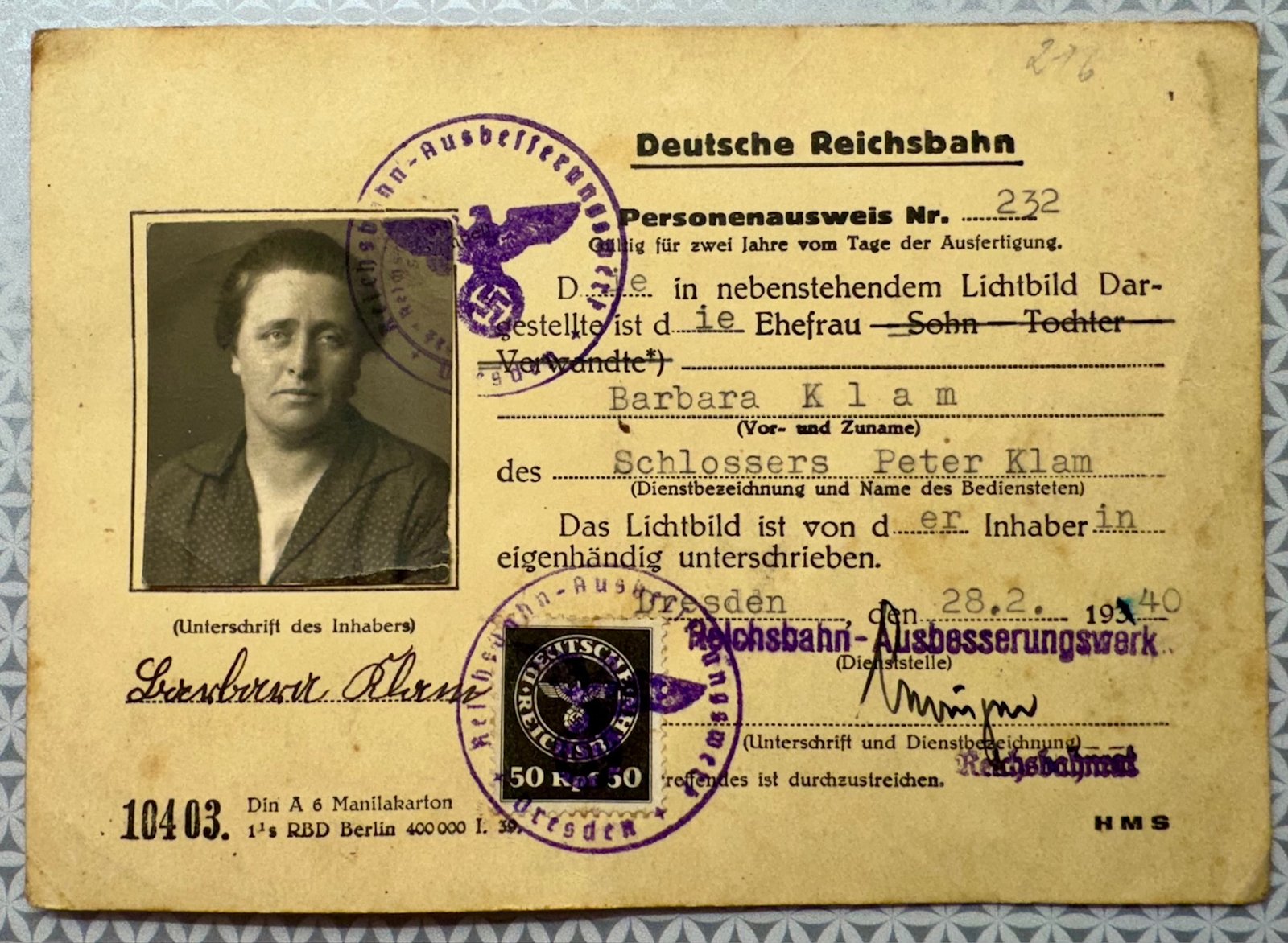 Deutsche Reichsbahn Personenausweis #17512 