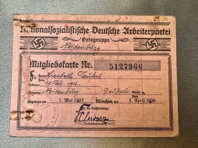 Nationalsozialistische Deutsche Arbeiterpartei Mitgliedskarte #16512 