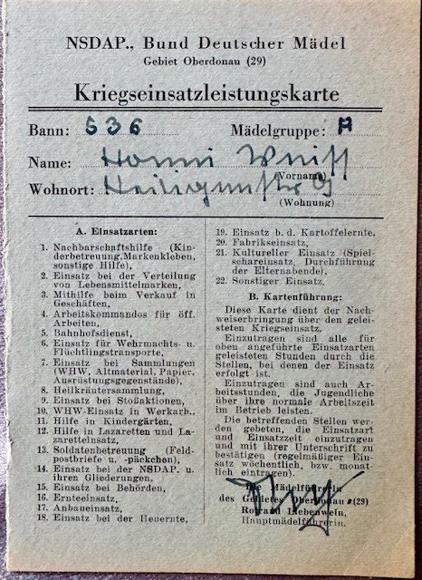 NSDAP Bund Deutscher Mädel Kriegseinsatzleistungskarte #18607 