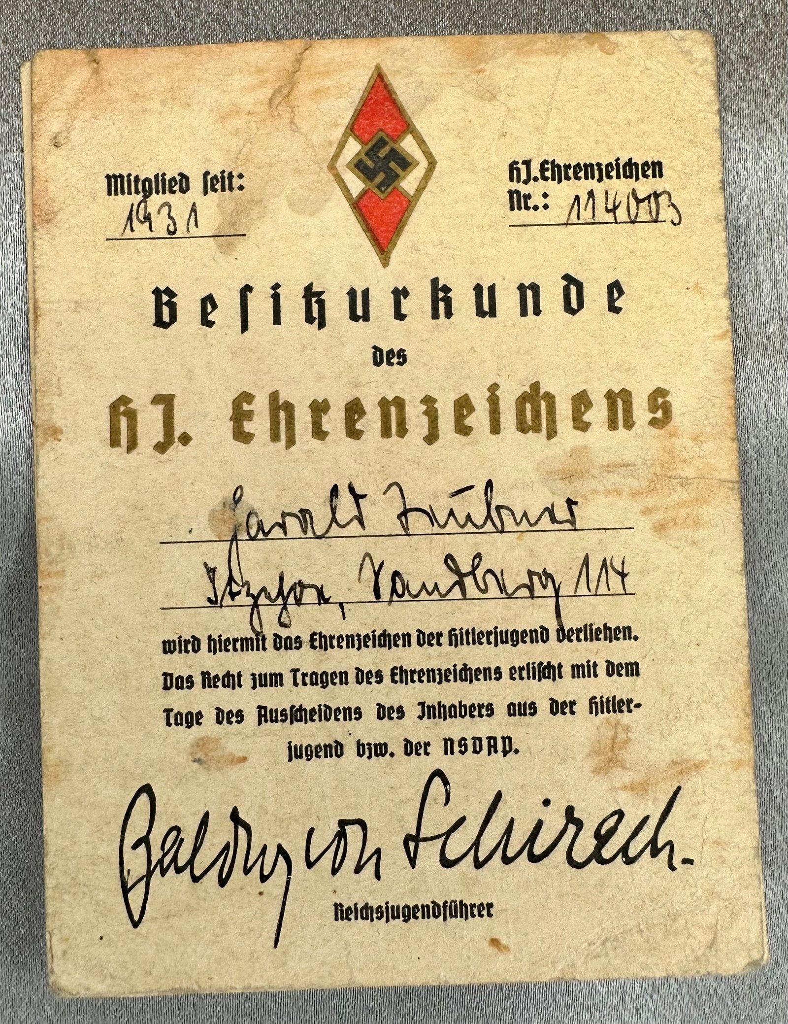 Besiturkunde des HJ Ehrenzeichens #17380 