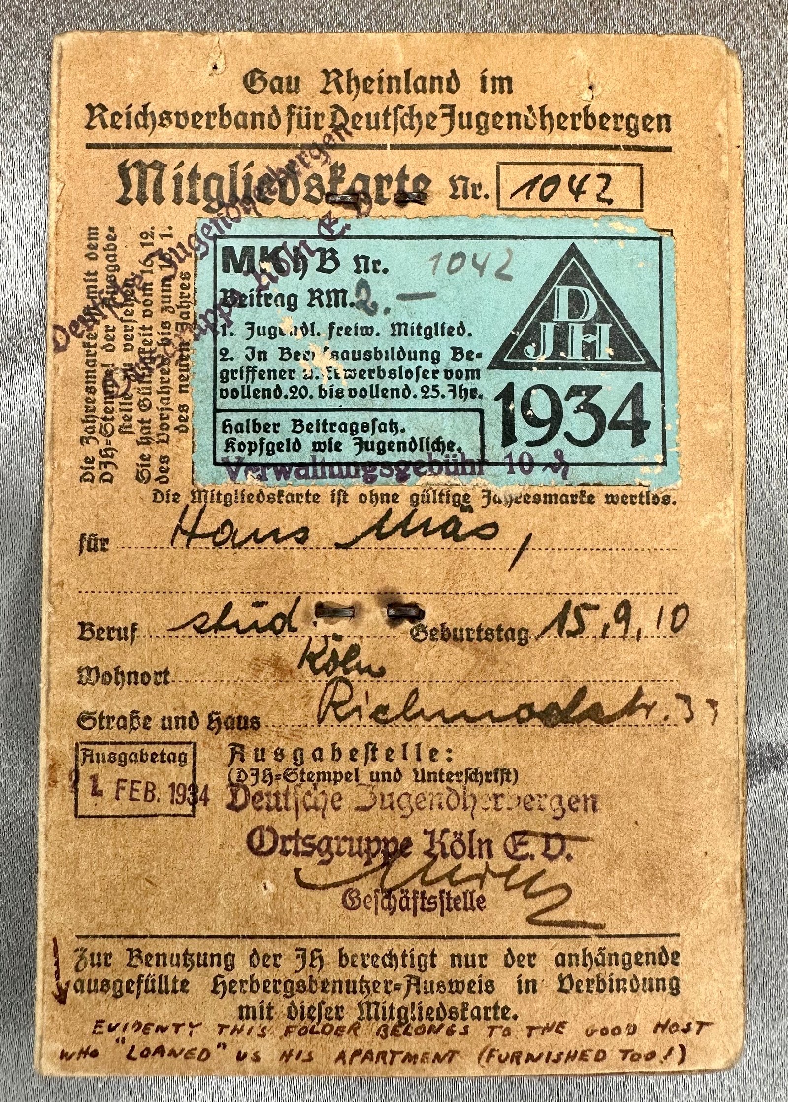 Reichsverband für Deutsche Jugendhergergen Landesverband Rheinland Mitgliedskarte #17349 