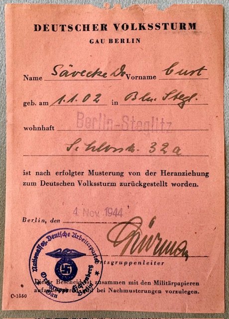Deutscher Volkssturm Gau Berlin Recruitment ID #18051 