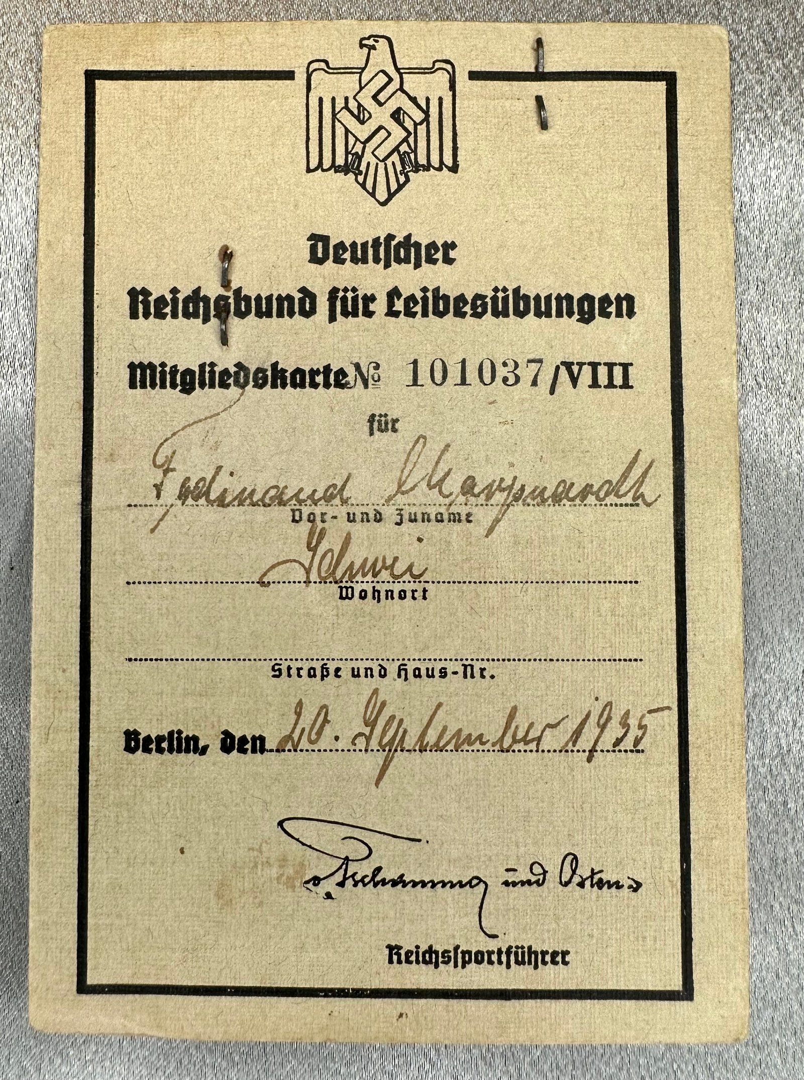 Deutscher Reichsbund für Leibesübungen Mitgliedskarte #17379 