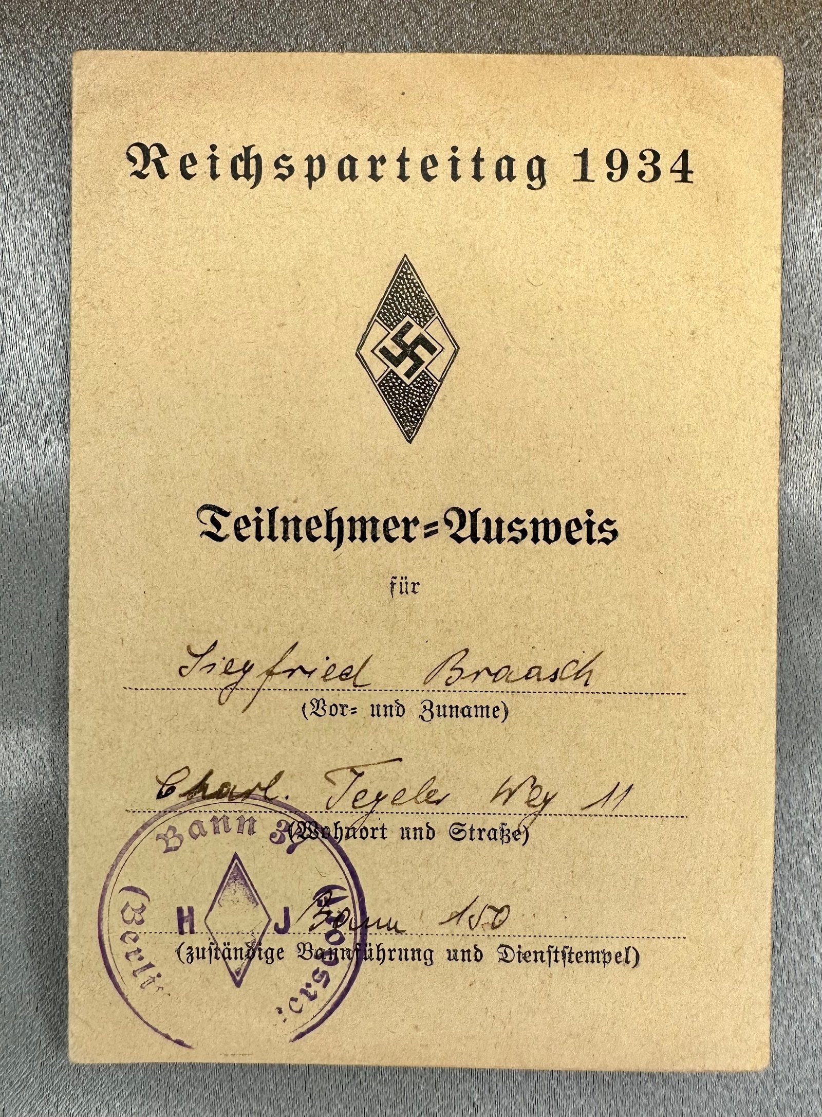 HJ Reichsparteitag 1934 Teilnehmer Ausweis #17382 