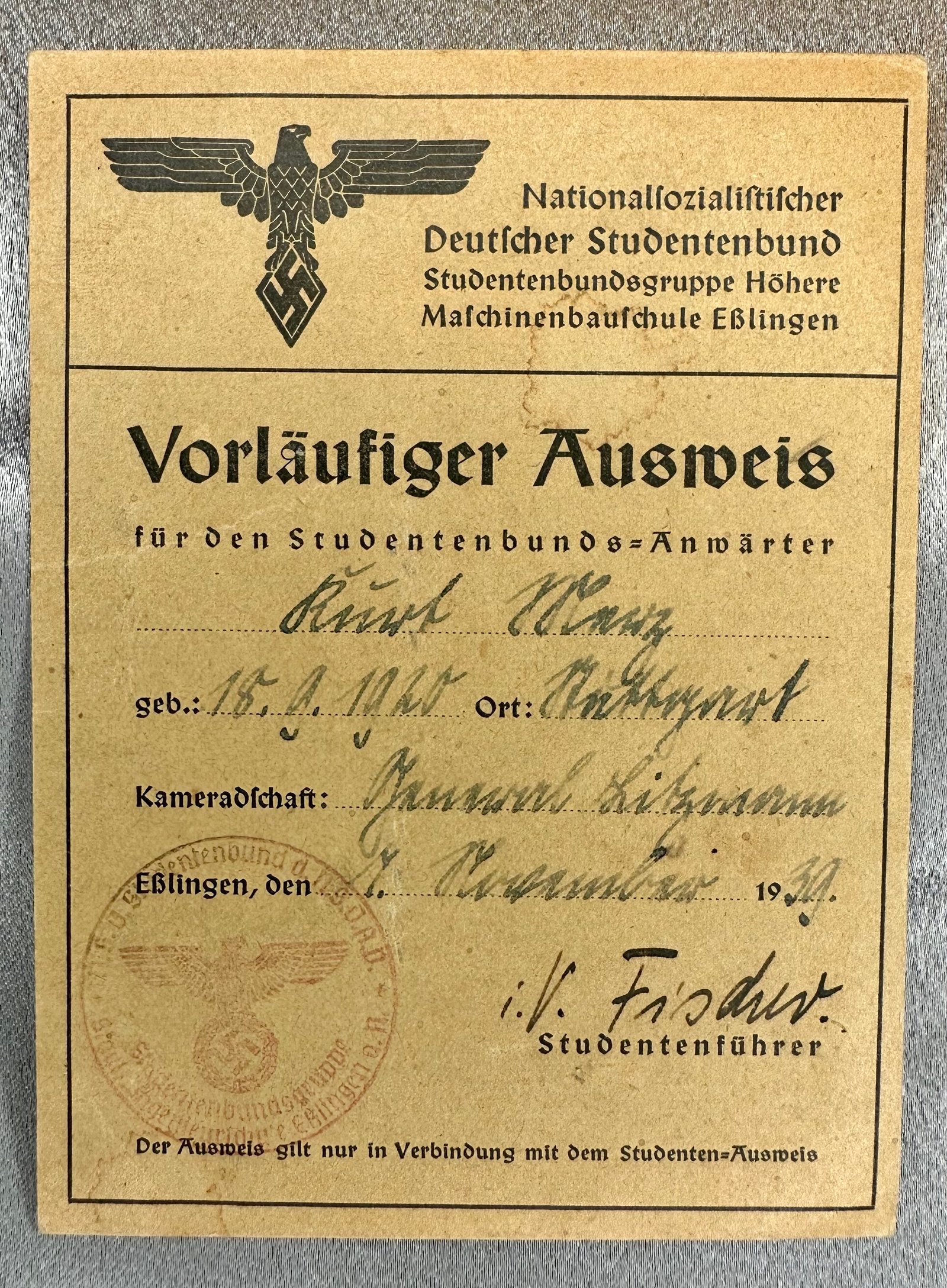 Vorläusiger Ausweis für den Studentenbund Anwärter #17372 